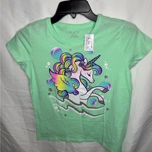 The Children's Place Green Short Sleeve Tee with Unicorn Design